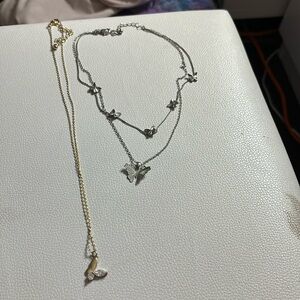 silver and gold butterfly necklaces set